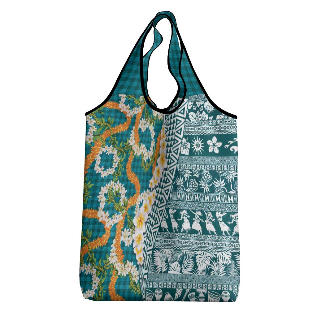 Hawaiian Plumeria Lei Grocery Bag Kakau Motifs and Palaka Half Style Turquoise Color LT03 - Polynesian Pride