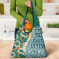 Hawaiian Plumeria Lei Grocery Bag Kakau Motifs and Palaka Half Style Turquoise Color LT03 - Polynesian Pride