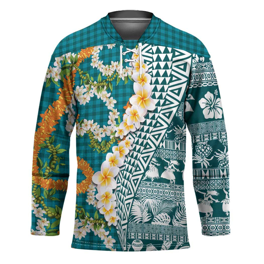 Hawaiian Plumeria Lei Hockey Jersey Kakau Motifs and Palaka Half Style Turquoise Color - Polynesian Pride