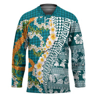 Hawaiian Plumeria Lei Hockey Jersey Kakau Motifs and Palaka Half Style Turquoise Color LT03 Unisex Turquoise - Polynesian Pride