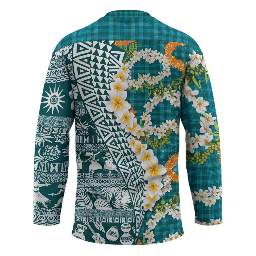Hawaiian Plumeria Lei Hockey Jersey Kakau Motifs and Palaka Half Style Turquoise Color LT03 - Polynesian Pride