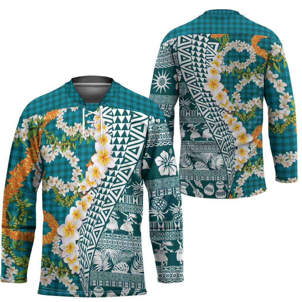 Hawaiian Plumeria Lei Hockey Jersey Kakau Motifs and Palaka Half Style Turquoise Color LT03 - Polynesian Pride