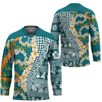 Hawaiian Plumeria Lei Hockey Jersey Kakau Motifs and Palaka Half Style Turquoise Color LT03 - Polynesian Pride
