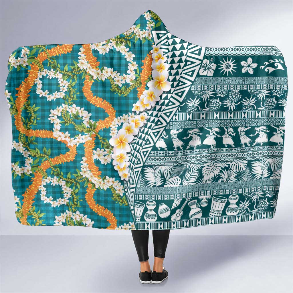 Hawaiian Plumeria Lei Hooded Blanket Kakau Motifs and Palaka Half Style Turquoise Color LT03 One Size Turquoise - Polynesian Pride