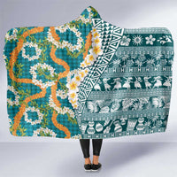 Hawaiian Plumeria Lei Hooded Blanket Kakau Motifs and Palaka Half Style Turquoise Color LT03 One Size Turquoise - Polynesian Pride