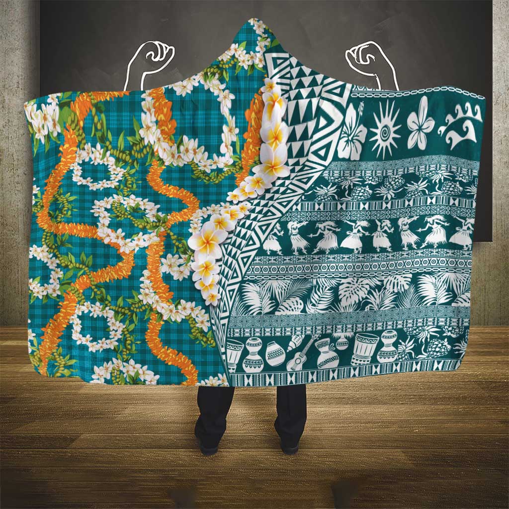 Hawaiian Plumeria Lei Hooded Blanket Kakau Motifs and Palaka Half Style Turquoise Color LT03 - Polynesian Pride