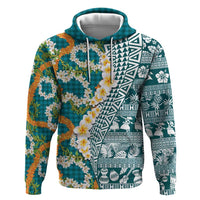 Hawaiian Plumeria Lei Hoodie Kakau Motifs and Palaka Half Style Turquoise Color LT03 Pullover Hoodie Turquoise - Polynesian Pride