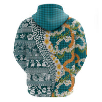 Hawaiian Plumeria Lei Hoodie Kakau Motifs and Palaka Half Style Turquoise Color LT03 - Polynesian Pride