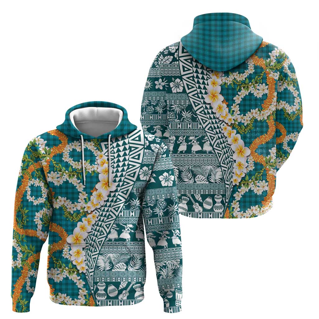 Hawaiian Plumeria Lei Hoodie Kakau Motifs and Palaka Half Style Turquoise Color LT03 - Polynesian Pride