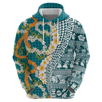 Hawaiian Plumeria Lei Hoodie Kakau Motifs and Palaka Half Style Turquoise Color LT03 - Polynesian Pride
