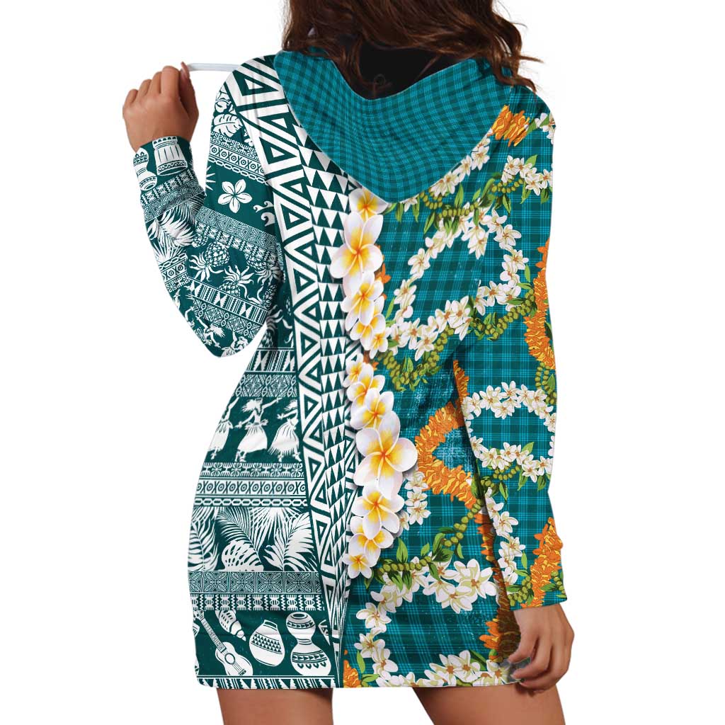 Hawaiian Plumeria Lei Hoodie Dress Kakau Motifs and Palaka Half Style Turquoise Color LT03 - Polynesian Pride