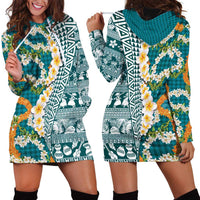 Hawaiian Plumeria Lei Hoodie Dress Kakau Motifs and Palaka Half Style Turquoise Color LT03 - Polynesian Pride