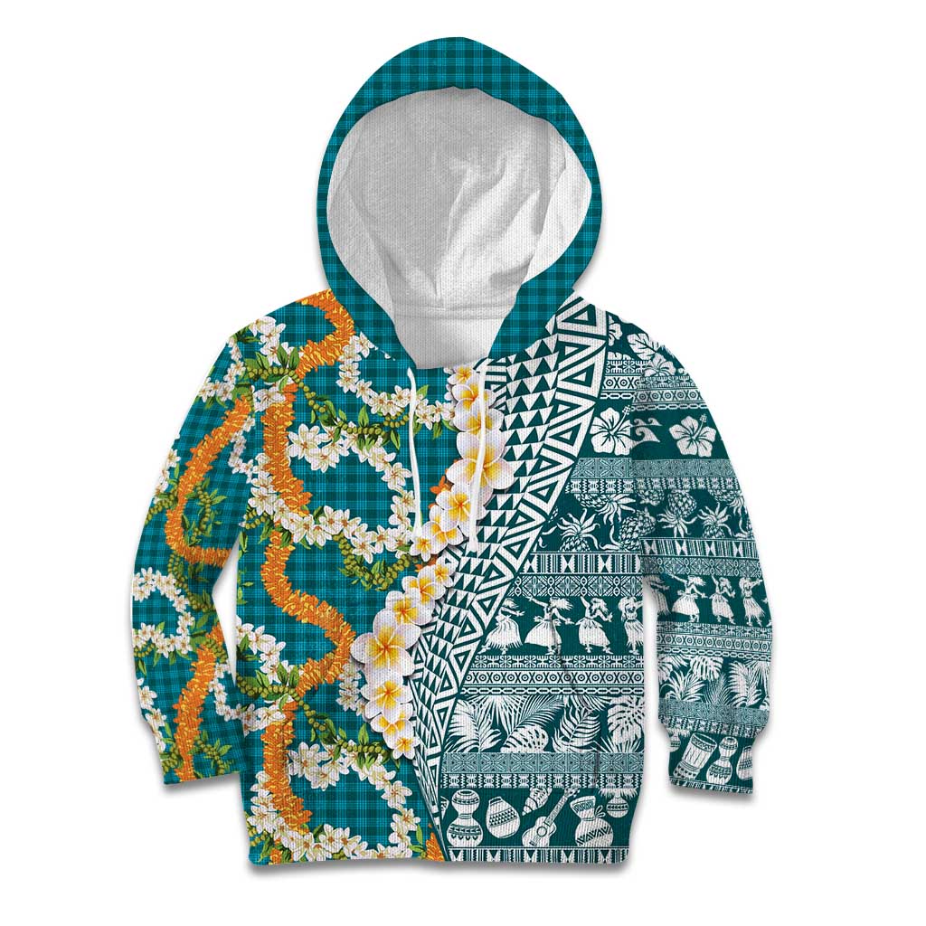 Hawaiian Plumeria Lei Kid Hoodie Kakau Motifs and Palaka Half Style Turquoise Color LT03 Hoodie Turquoise - Polynesian Pride