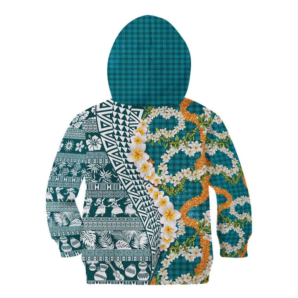 Hawaiian Plumeria Lei Kid Hoodie Kakau Motifs and Palaka Half Style Turquoise Color LT03 - Polynesian Pride