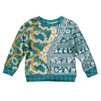 Hawaiian Plumeria Lei Kid Ugly Christmas Sweater Kakau Motifs and Palaka Half Style Turquoise Color LT03 Kid Turquoise - Polynesian Pride