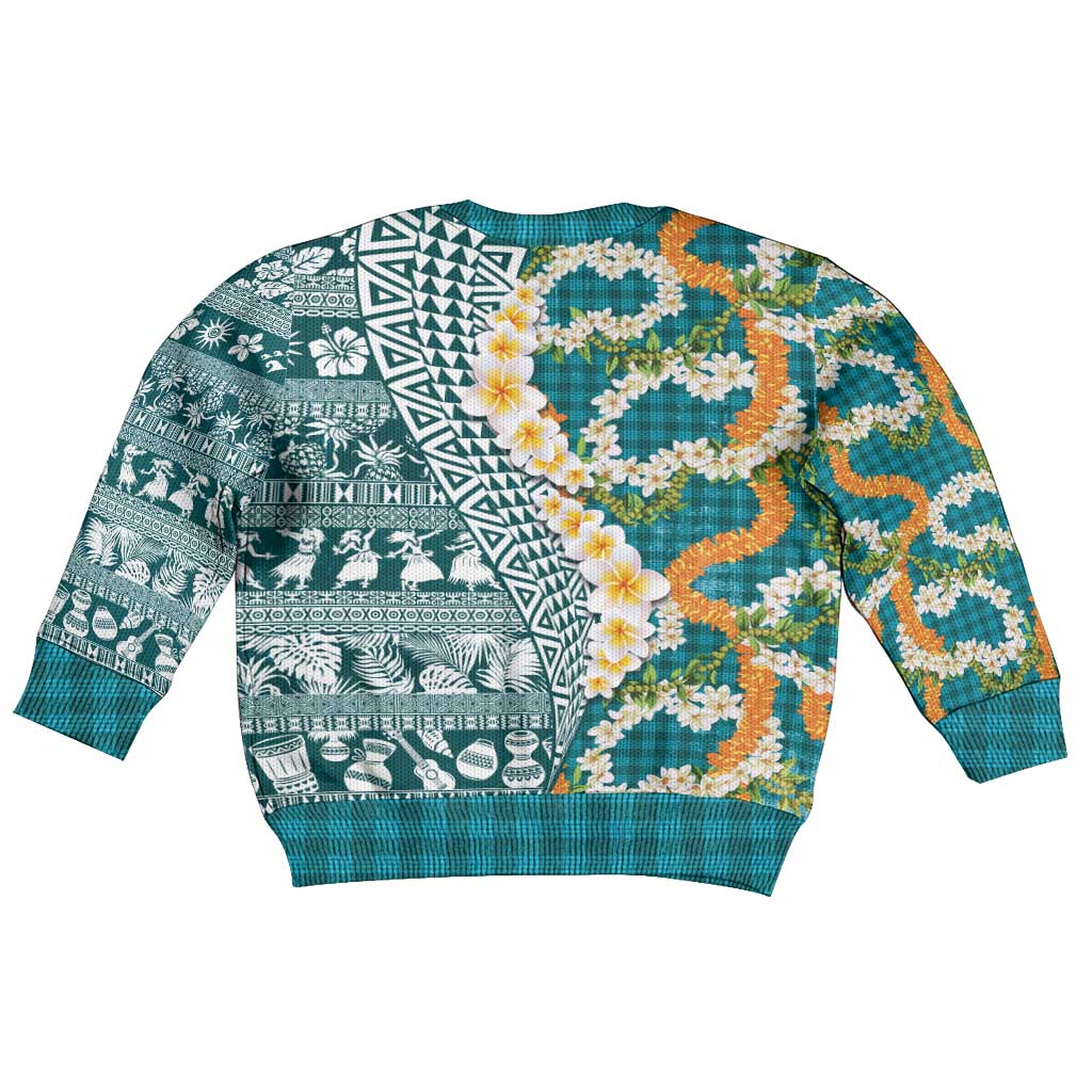 Hawaiian Plumeria Lei Kid Ugly Christmas Sweater Kakau Motifs and Palaka Half Style Turquoise Color LT03 - Polynesian Pride