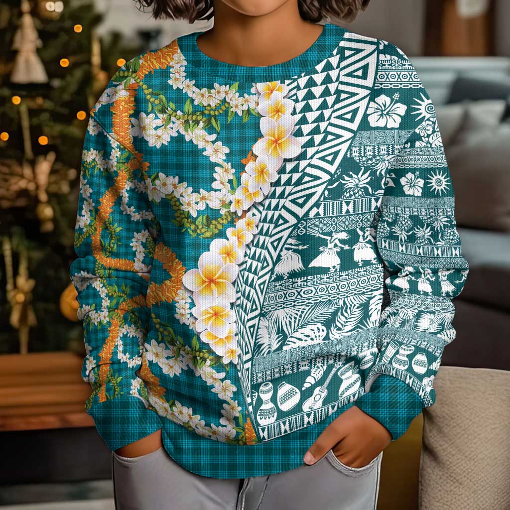 Hawaiian Plumeria Lei Kid Ugly Christmas Sweater Kakau Motifs and Palaka Half Style Turquoise Color LT03 - Polynesian Pride