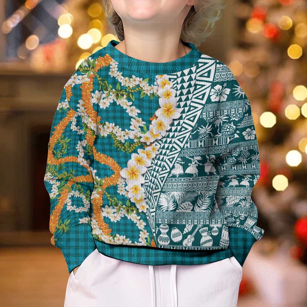 Hawaiian Plumeria Lei Kid Ugly Christmas Sweater Kakau Motifs and Palaka Half Style Turquoise Color LT03 - Polynesian Pride