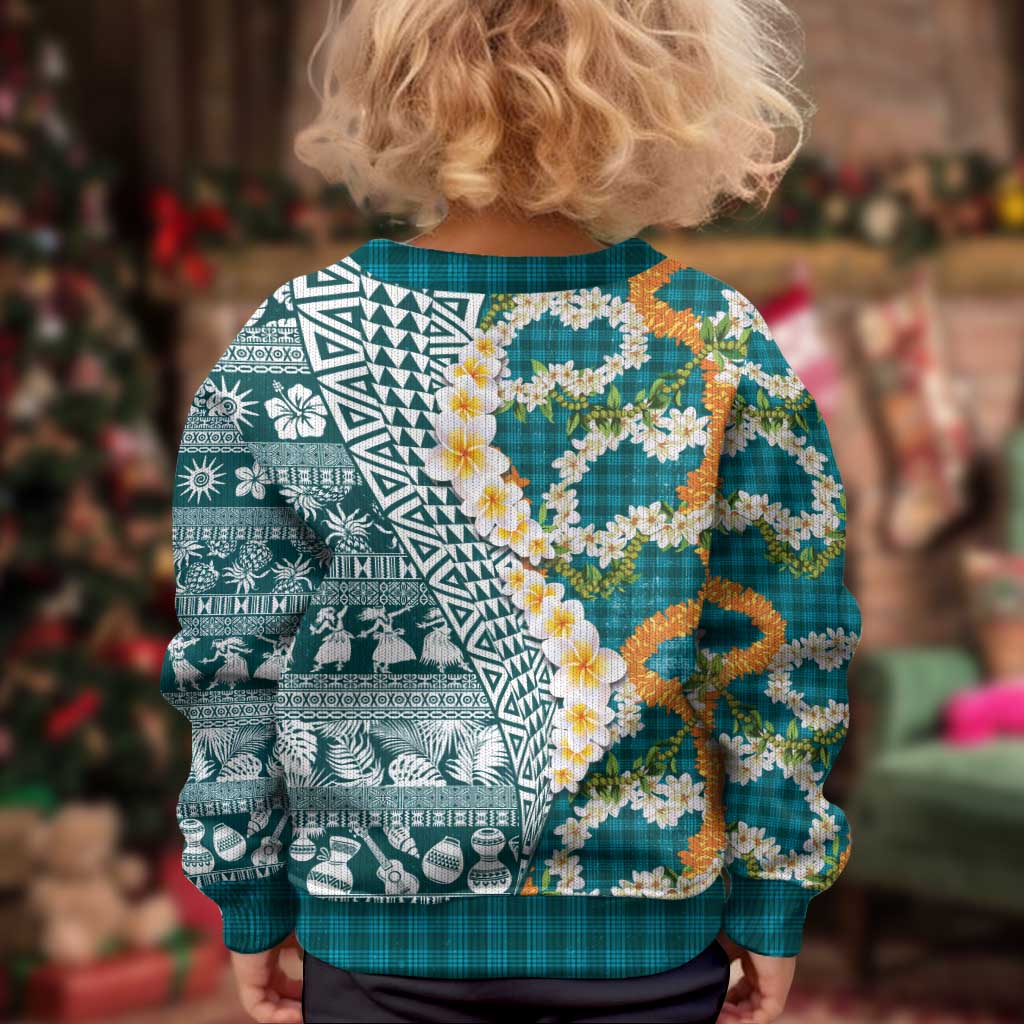 Hawaiian Plumeria Lei Kid Ugly Christmas Sweater Kakau Motifs and Palaka Half Style Turquoise Color LT03 - Polynesian Pride