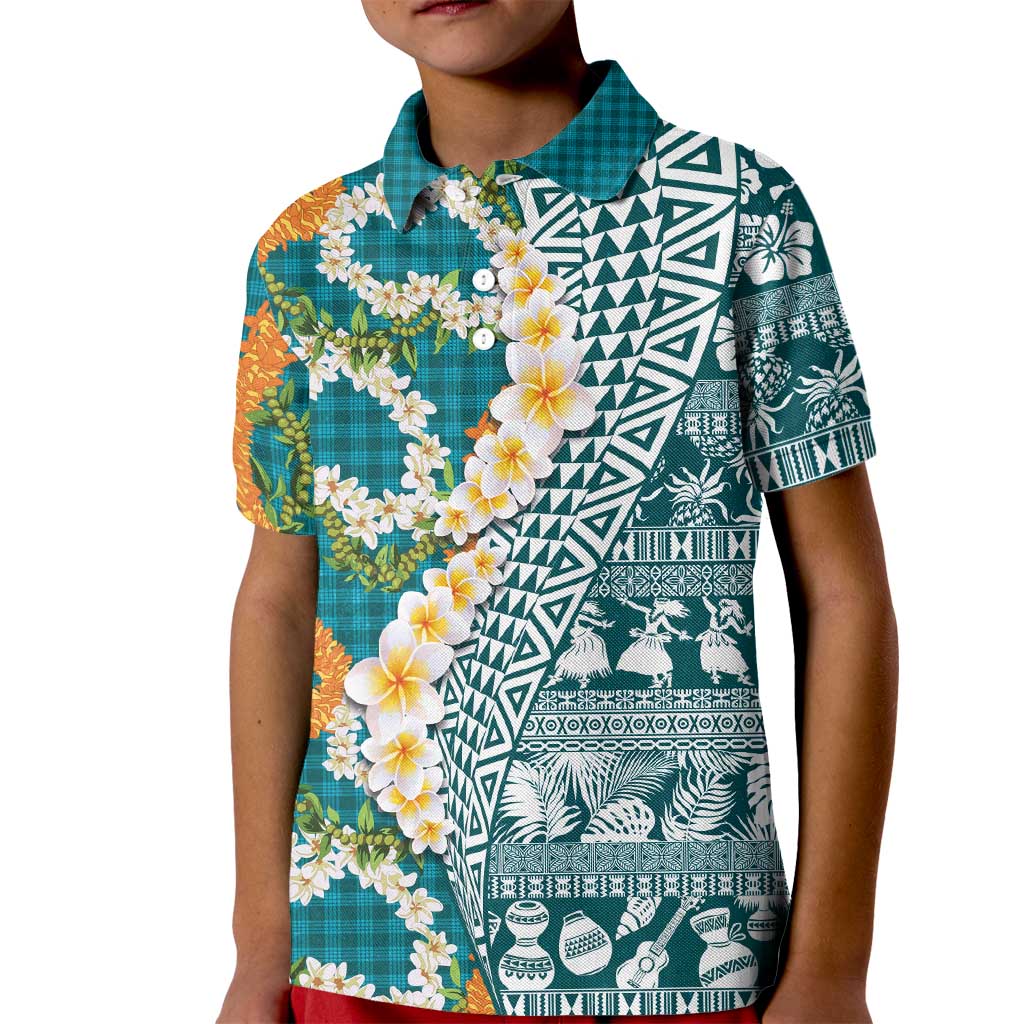 Hawaiian Plumeria Lei Kid Polo Shirt Kakau Motifs and Palaka Half Style Turquoise Color LT03 Kid Turquoise - Polynesian Pride