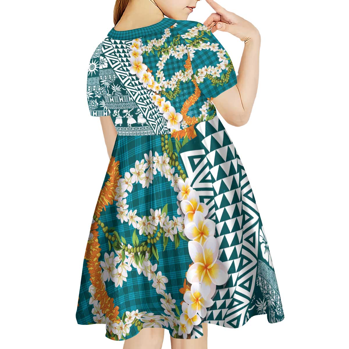 Hawaiian Plumeria Lei Kid Short Sleeve Dress Kakau Motifs and Palaka Half Style Turquoise Color LT03 - Polynesian Pride