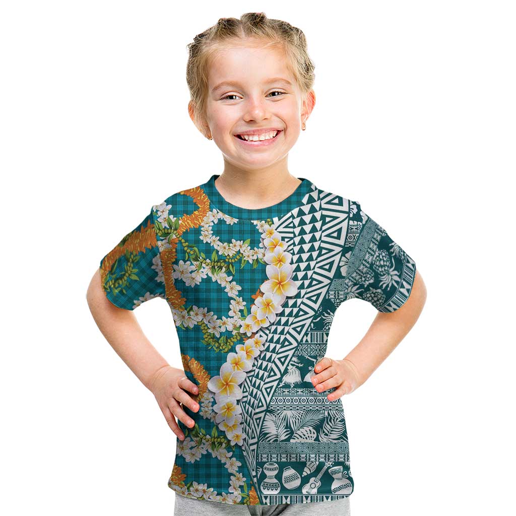 Hawaiian Plumeria Lei Kid T Shirt Kakau Motifs and Palaka Half Style Turquoise Color LT03 Turquoise - Polynesian Pride