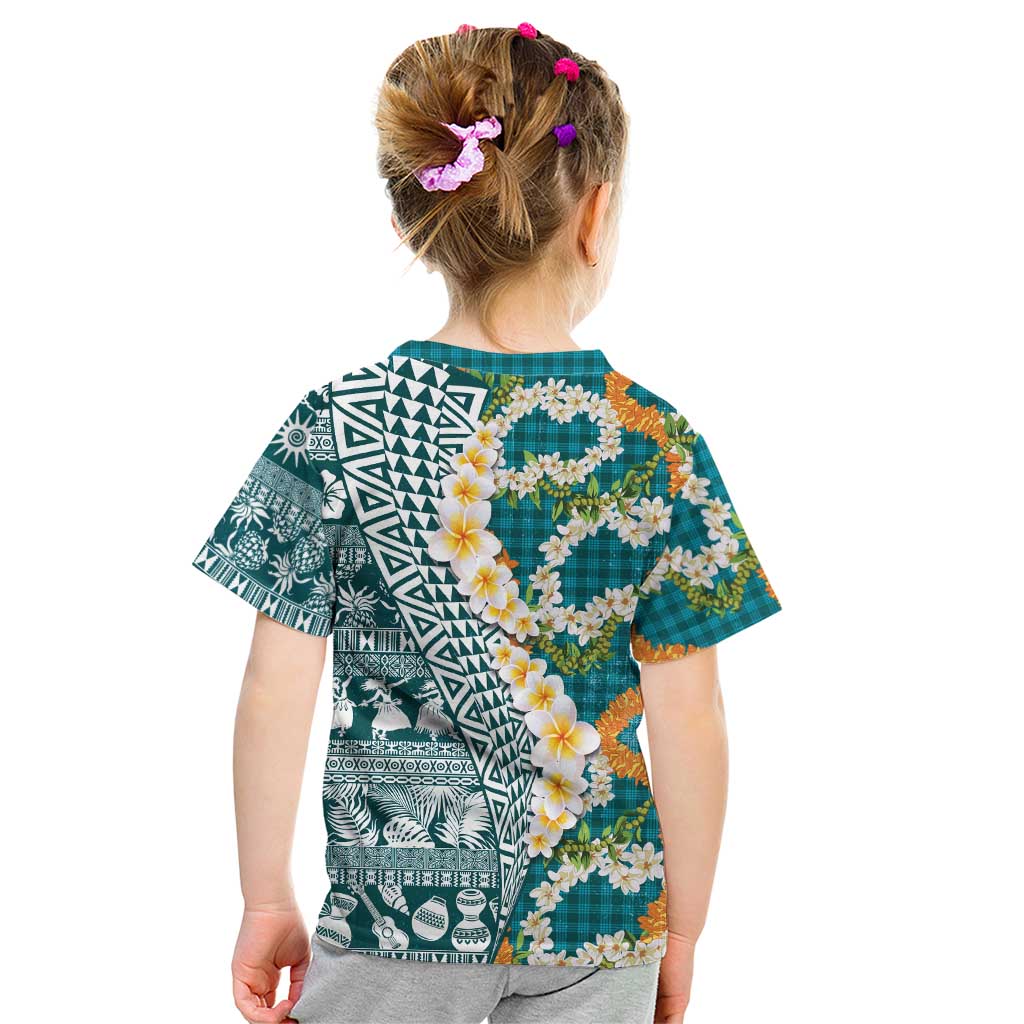 Hawaiian Plumeria Lei Kid T Shirt Kakau Motifs and Palaka Half Style Turquoise Color LT03 - Polynesian Pride