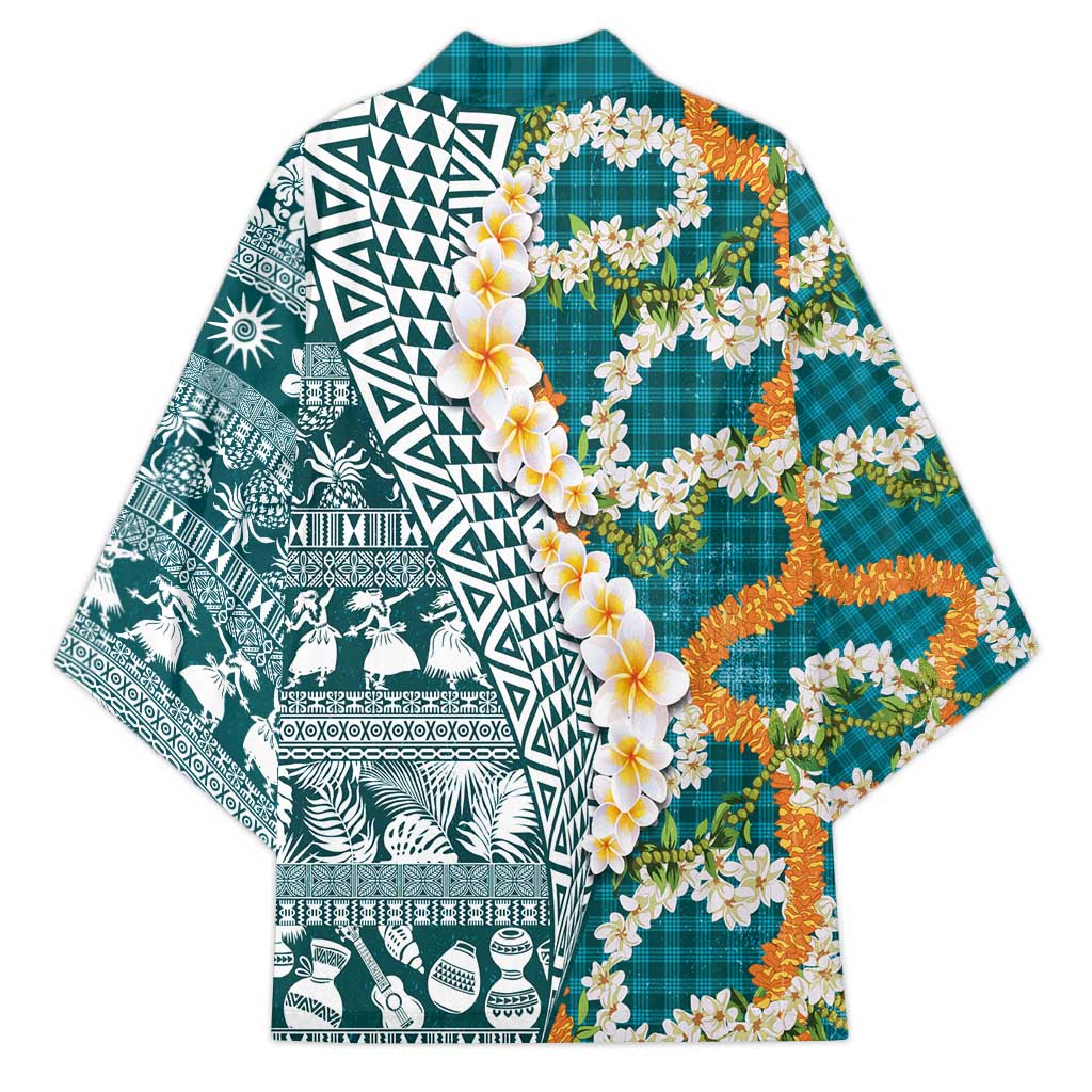 Hawaiian Plumeria Lei Kimono Kakau Motifs and Palaka Half Style Turquoise Color LT03 - Polynesian Pride