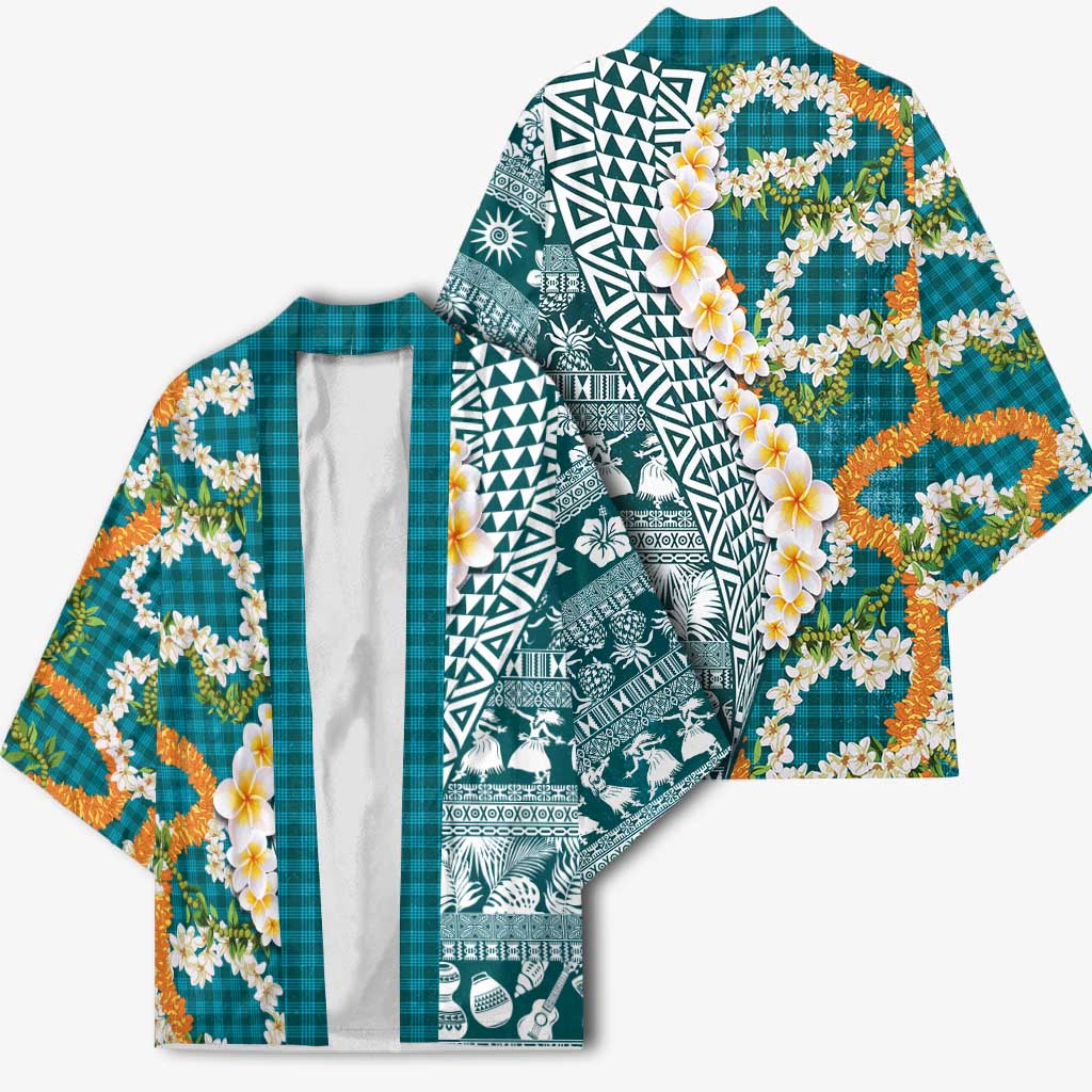 Hawaiian Plumeria Lei Kimono Kakau Motifs and Palaka Half Style Turquoise Color LT03 - Polynesian Pride