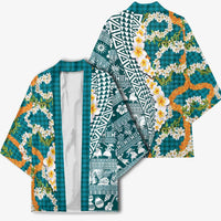 Hawaiian Plumeria Lei Kimono Kakau Motifs and Palaka Half Style Turquoise Color LT03 - Polynesian Pride