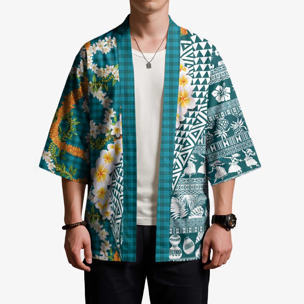 Hawaiian Plumeria Lei Kimono Kakau Motifs and Palaka Half Style Turquoise Color LT03 - Polynesian Pride