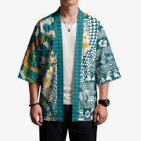 Hawaiian Plumeria Lei Kimono Kakau Motifs and Palaka Half Style Turquoise Color LT03 - Polynesian Pride