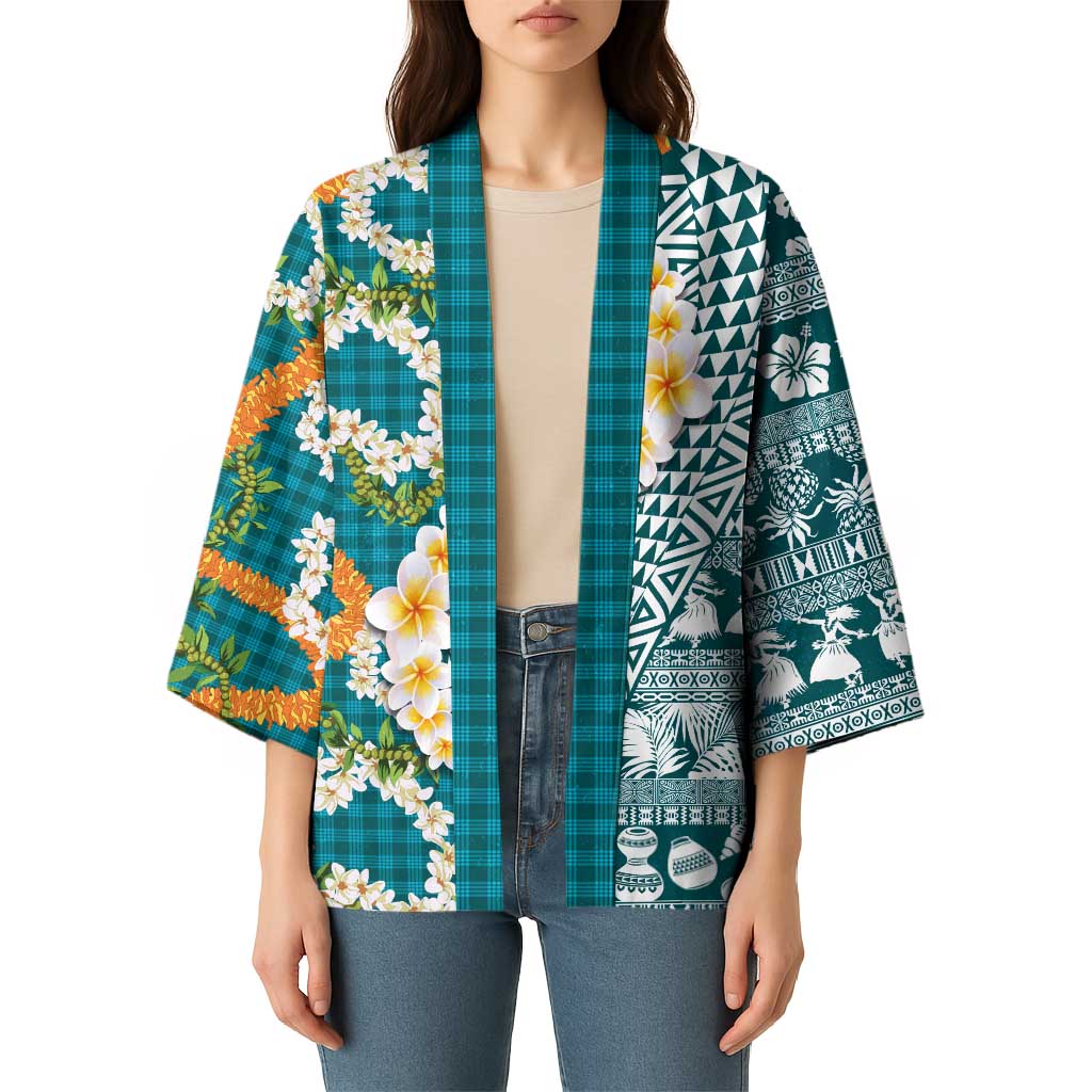 Hawaiian Plumeria Lei Kimono Kakau Motifs and Palaka Half Style Turquoise Color LT03 - Polynesian Pride