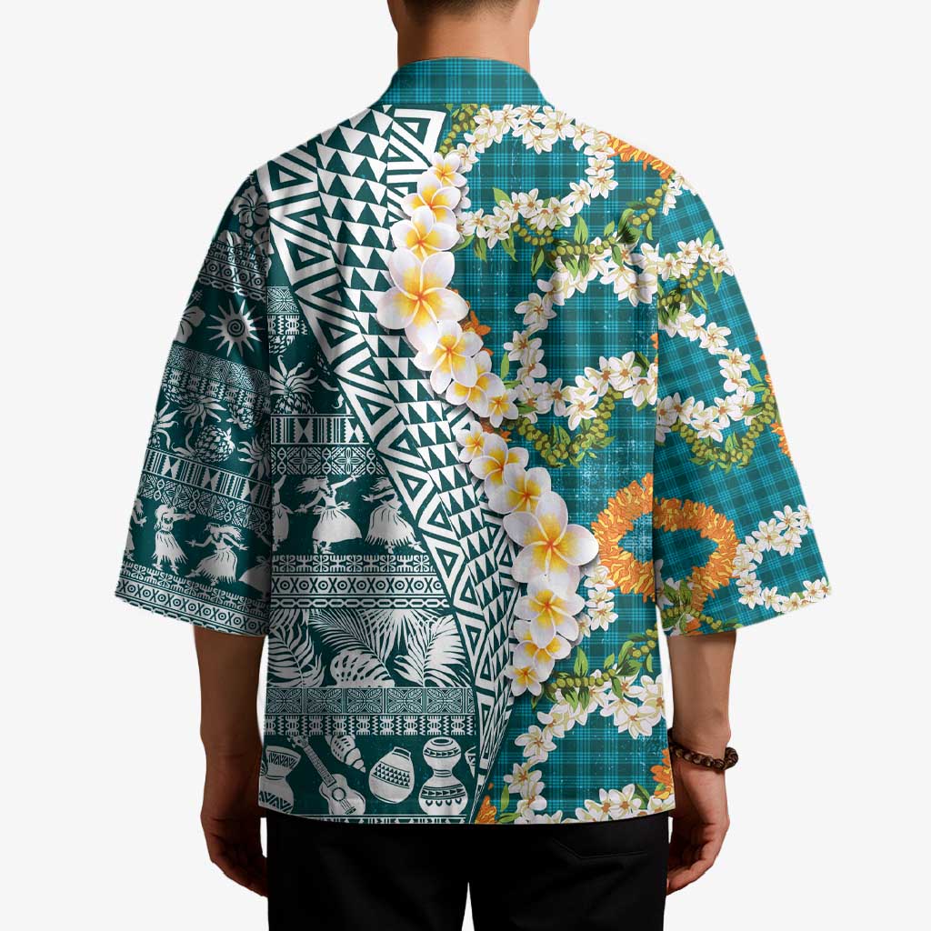 Hawaiian Plumeria Lei Kimono Kakau Motifs and Palaka Half Style Turquoise Color LT03 - Polynesian Pride