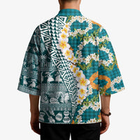 Hawaiian Plumeria Lei Kimono Kakau Motifs and Palaka Half Style Turquoise Color LT03 - Polynesian Pride