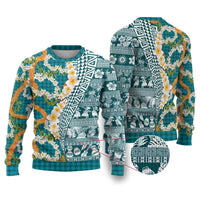 Hawaiian Plumeria Lei Ugly Christmas Sweater Kakau Motifs and Palaka Half Style Turquoise Color LT03 Turquoise - Polynesian Pride