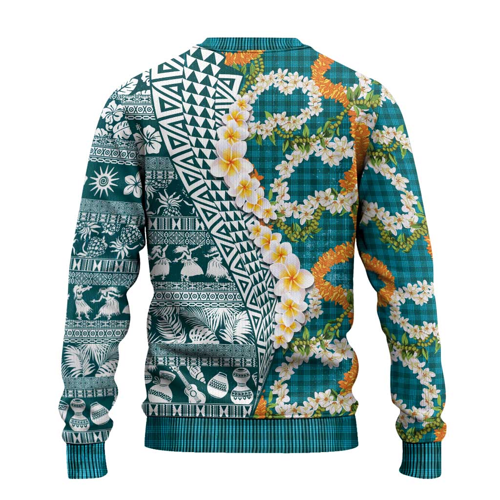 Hawaiian Plumeria Lei Ugly Christmas Sweater Kakau Motifs and Palaka Half Style Turquoise Color LT03 - Polynesian Pride