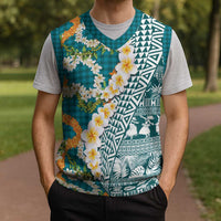 Hawaiian Plumeria Lei Christmas Knitted V-Neck Vest Kakau Motifs and Palaka Half Style Turquoise Color LT03 - Polynesian Pride