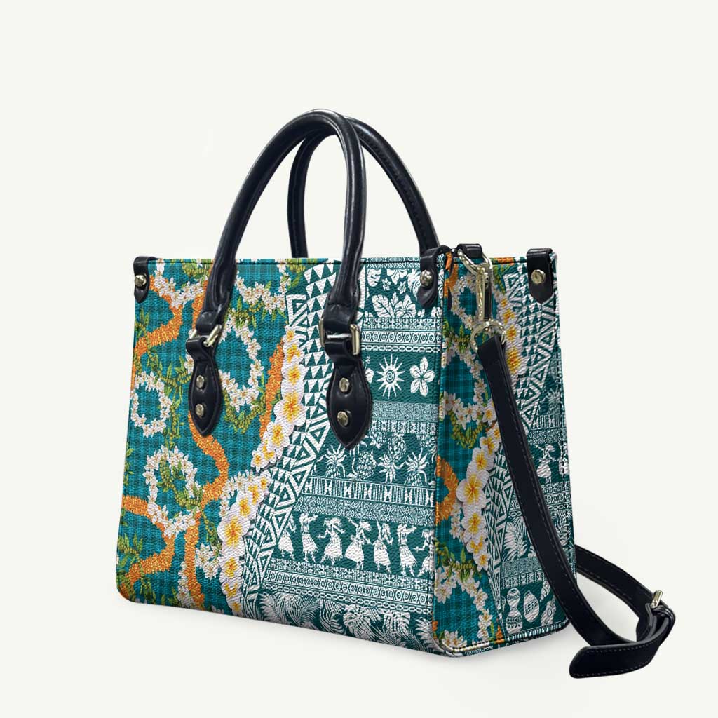 Hawaiian Plumeria Lei Leather Bag Kakau Motifs and Palaka Half Style Turquoise Color LT03 Turquoise - Polynesian Pride