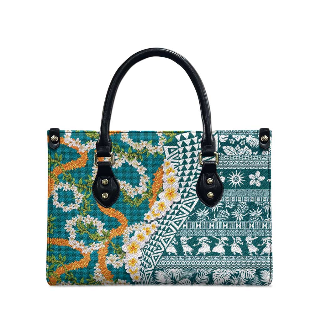 Hawaiian Plumeria Lei Leather Bag Kakau Motifs and Palaka Half Style Turquoise Color LT03 - Polynesian Pride