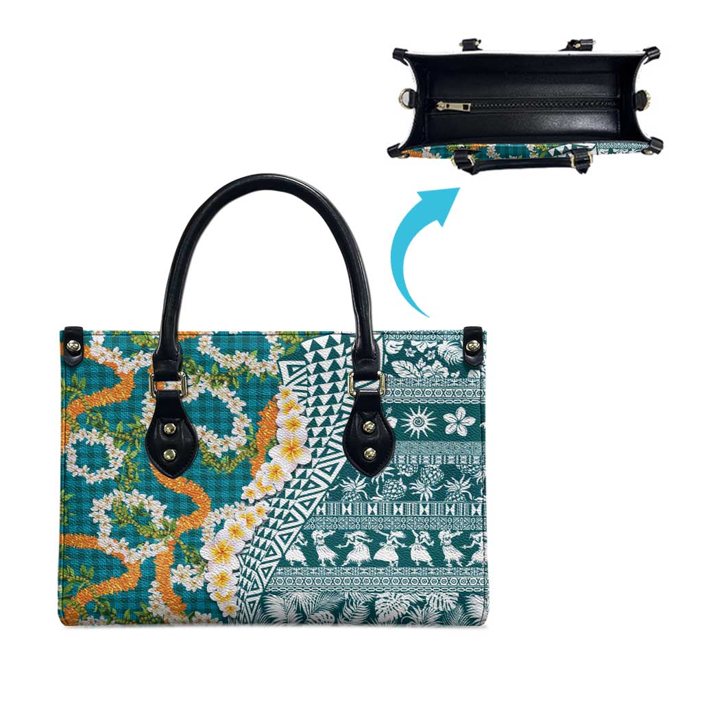 Hawaiian Plumeria Lei Leather Bag Kakau Motifs and Palaka Half Style Turquoise Color LT03 - Polynesian Pride