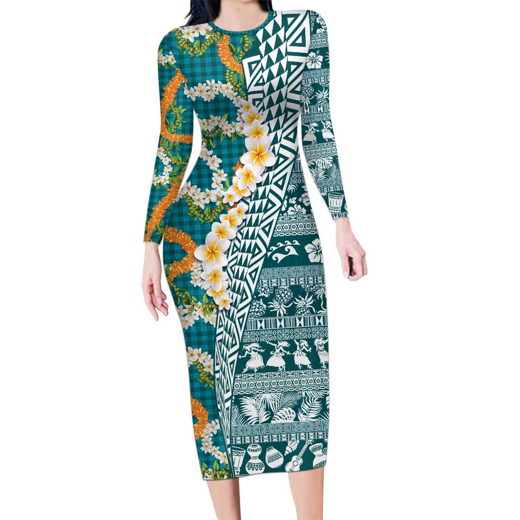 Hawaiian Plumeria Lei Long Sleeve Bodycon Dress Kakau Motifs and Palaka Half Style Turquoise Color LT03 Long Dress Turquoise - Polynesian Pride