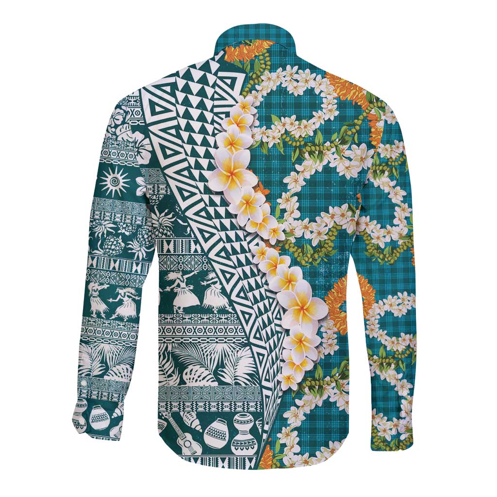 Hawaiian Plumeria Lei Long Sleeve Button Shirt Kakau Motifs and Palaka Half Style Turquoise Color LT03 - Polynesian Pride