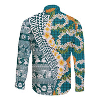Hawaiian Plumeria Lei Long Sleeve Button Shirt Kakau Motifs and Palaka Half Style Turquoise Color LT03 - Polynesian Pride