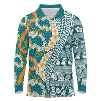 Hawaiian Plumeria Lei Long Sleeve Polo Shirt Kakau Motifs and Palaka Half Style Turquoise Color LT03 Turquoise - Polynesian Pride