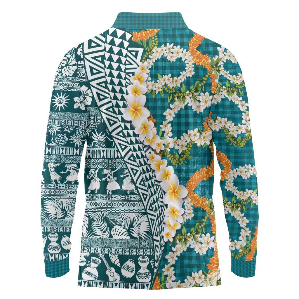 Hawaiian Plumeria Lei Long Sleeve Polo Shirt Kakau Motifs and Palaka Half Style Turquoise Color LT03 - Polynesian Pride