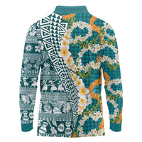 Hawaiian Plumeria Lei Long Sleeve Polo Shirt Kakau Motifs and Palaka Half Style Turquoise Color LT03 - Polynesian Pride