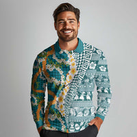 Hawaiian Plumeria Lei Long Sleeve Polo Shirt Kakau Motifs and Palaka Half Style Turquoise Color LT03 - Polynesian Pride