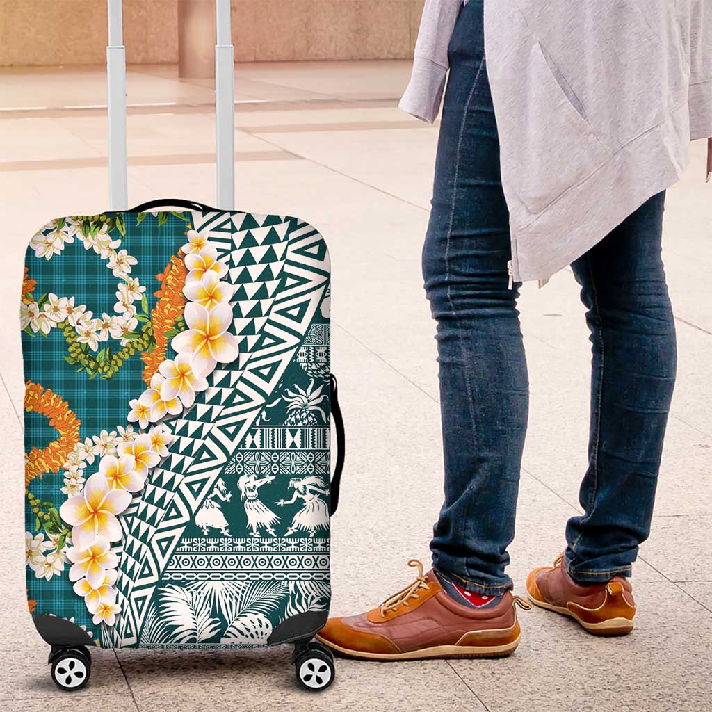 Hawaiian Plumeria Lei Luggage Cover Kakau Motifs and Palaka Half Style Turquoise Color LT03 Turquoise - Polynesian Pride