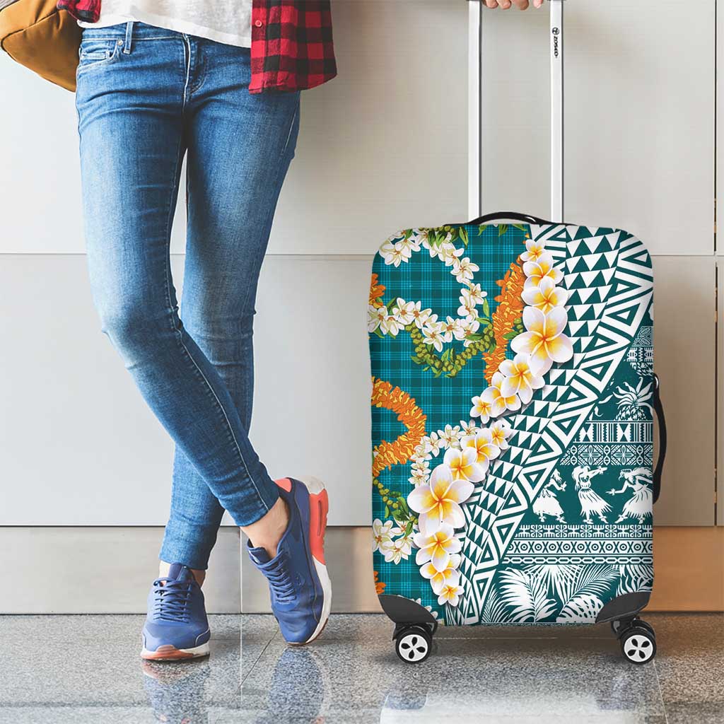 Hawaiian Plumeria Lei Luggage Cover Kakau Motifs and Palaka Half Style Turquoise Color LT03 - Polynesian Pride